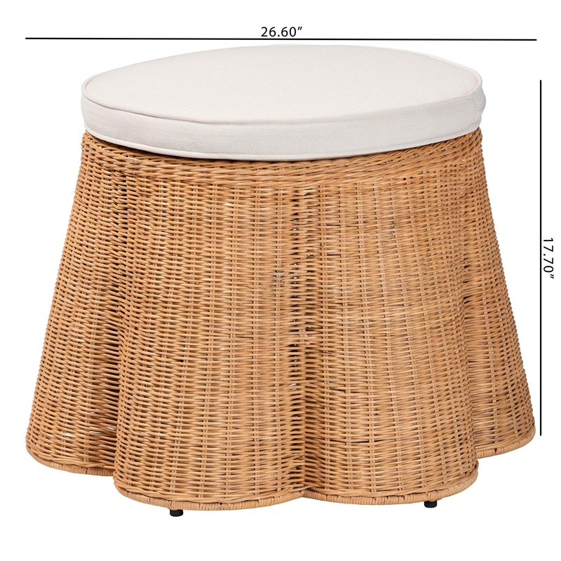 Pemberly Row Round Natural Rattan Scalloped Ottoman with Plush Cushion