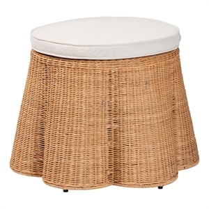 Pemberly Row Round Natural Rattan Scalloped Ottoman with Plush Cushion