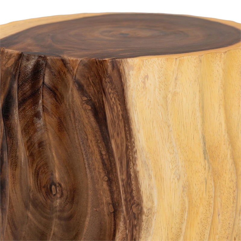 Pemberly Row Hand-Carved Suar Wood Barrel Side Table with Scalloped Edge