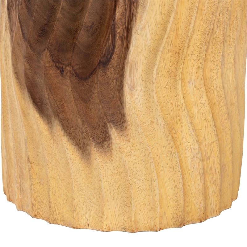 Pemberly Row Hand-Carved Suar Wood Barrel Side Table with Scalloped Edge