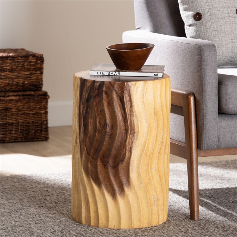 Pemberly Row Hand-Carved Suar Wood Barrel Side Table with Scalloped Edge