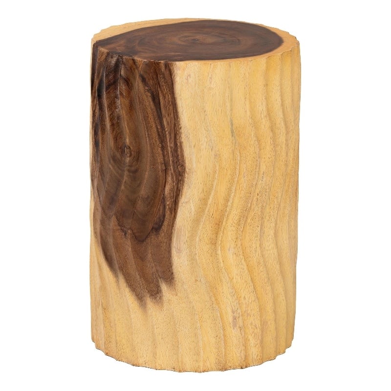 Pemberly Row Hand-Carved Suar Wood Barrel Side Table with Scalloped Edge