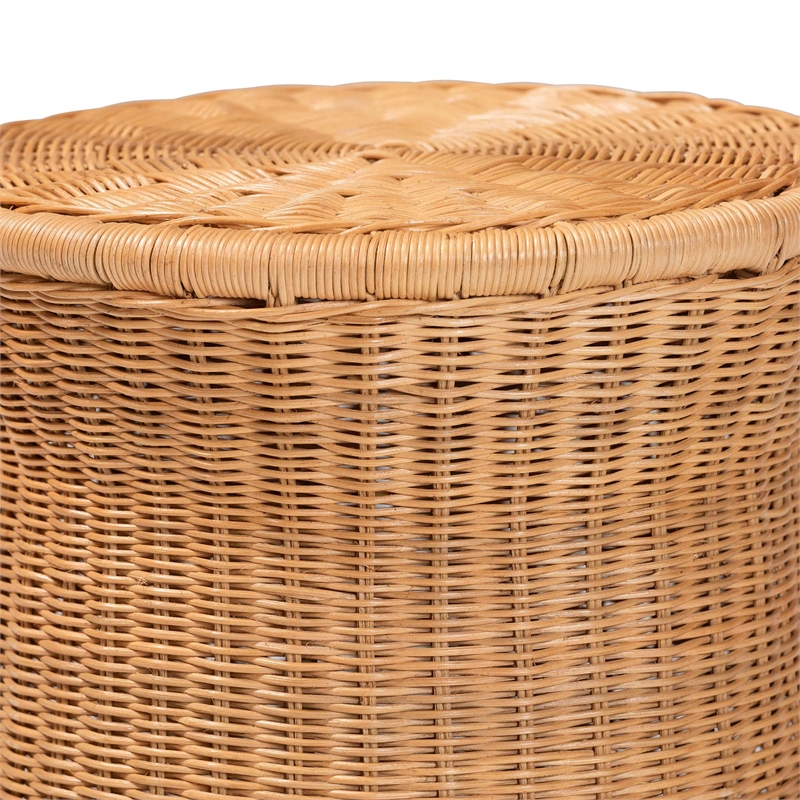 Pemberly Row Round Rattan Drum End Table with Flared Tabletop Edge