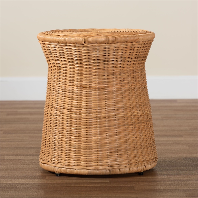 Pemberly Row Round Rattan Drum End Table with Flared Tabletop Edge
