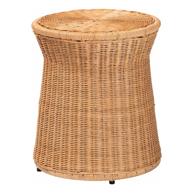 Pemberly Row Round Rattan Drum End Table with Flared Tabletop Edge