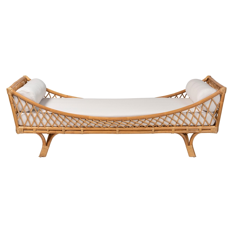 Pemberly Row Natural Rattan Lattice Daybed with Cushion and 2 Pillows