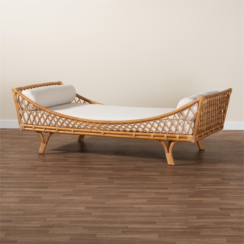 Pemberly Row Natural Rattan Lattice Daybed with Cushion and 2 Pillows