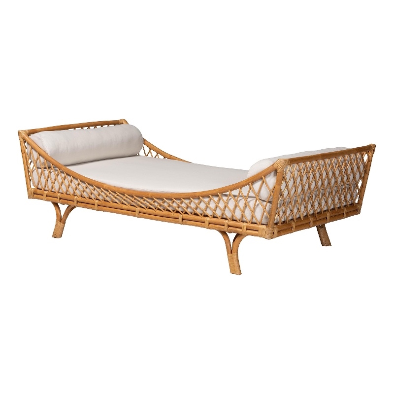 Pemberly Row Natural Rattan Lattice Daybed with Cushion and 2 Pillows