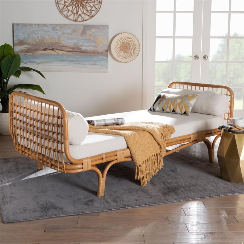 Pemberly Row Natural Rattan Lattice Daybed with Cushion and Pillows
