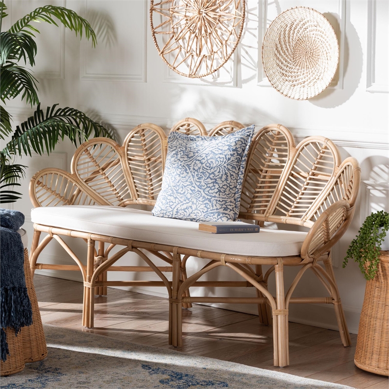 Pemberly Row Flora-Inspired Rattan Accent Bench with Removable Cushion