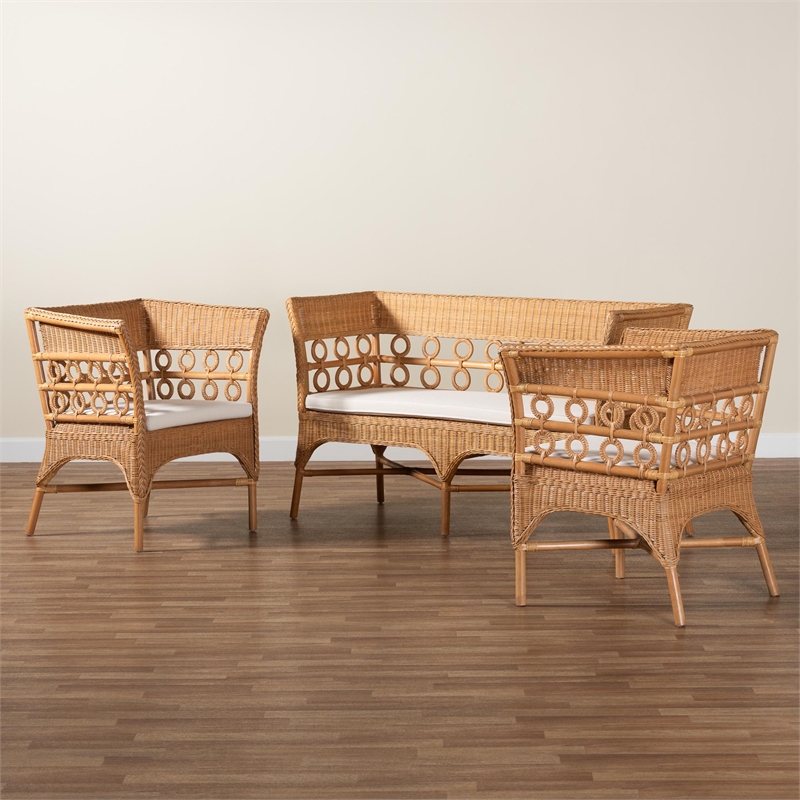 Pemberly Row Light Honey Rattan 3-Piece Living Room Set with Cushions