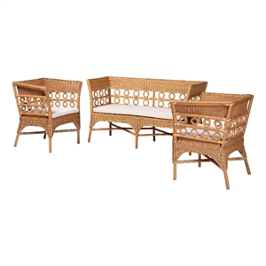 Pemberly Row Light Honey Rattan 3-Piece Living Room Set with Cushions