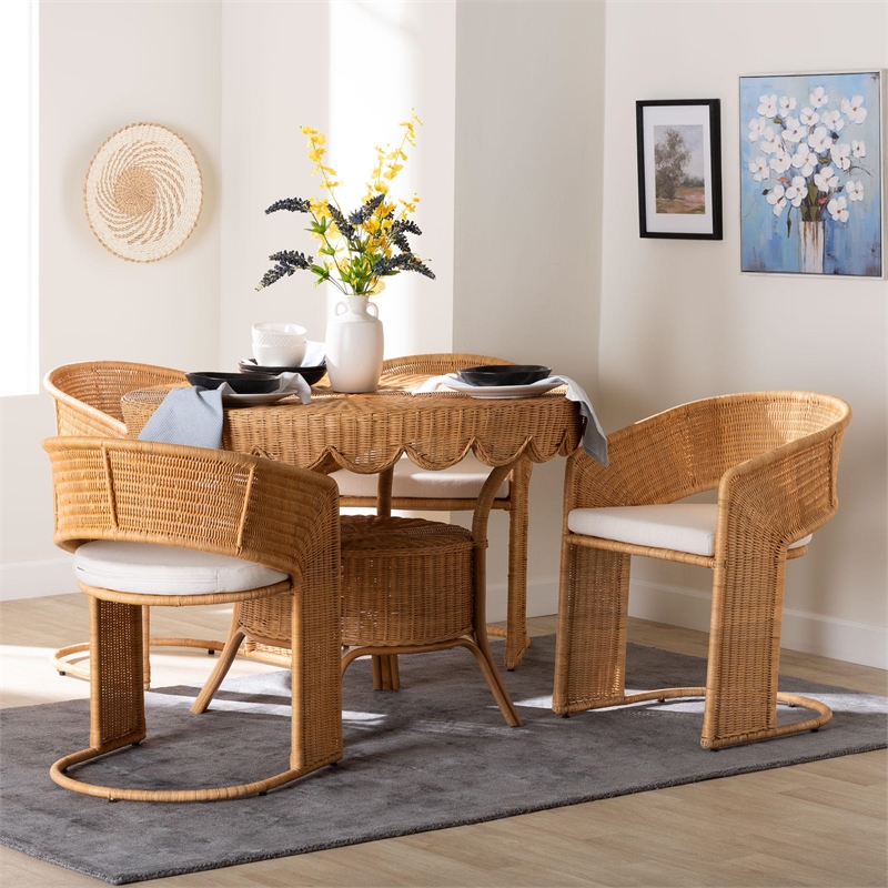 Pemberly Row Light Honey Rattan 5-Piece Dining Set with Scalloped Table