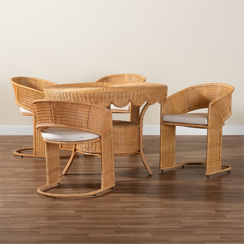 Pemberly Row Light Honey Rattan 5-Piece Dining Set with Scalloped Table