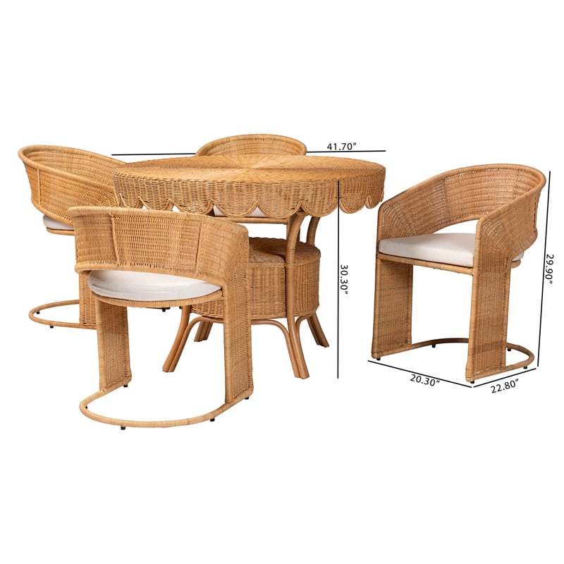 Pemberly Row Light Honey Rattan 5-Piece Dining Set with Scalloped Table