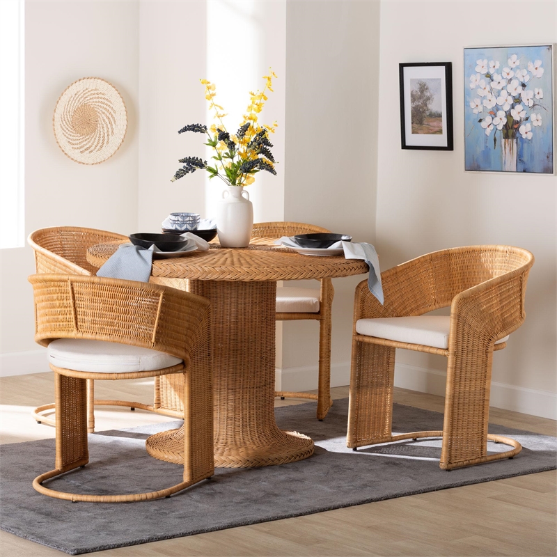 Pemberly Row Light Honey Rattan 5-Piece Dining Set with Braided Edges