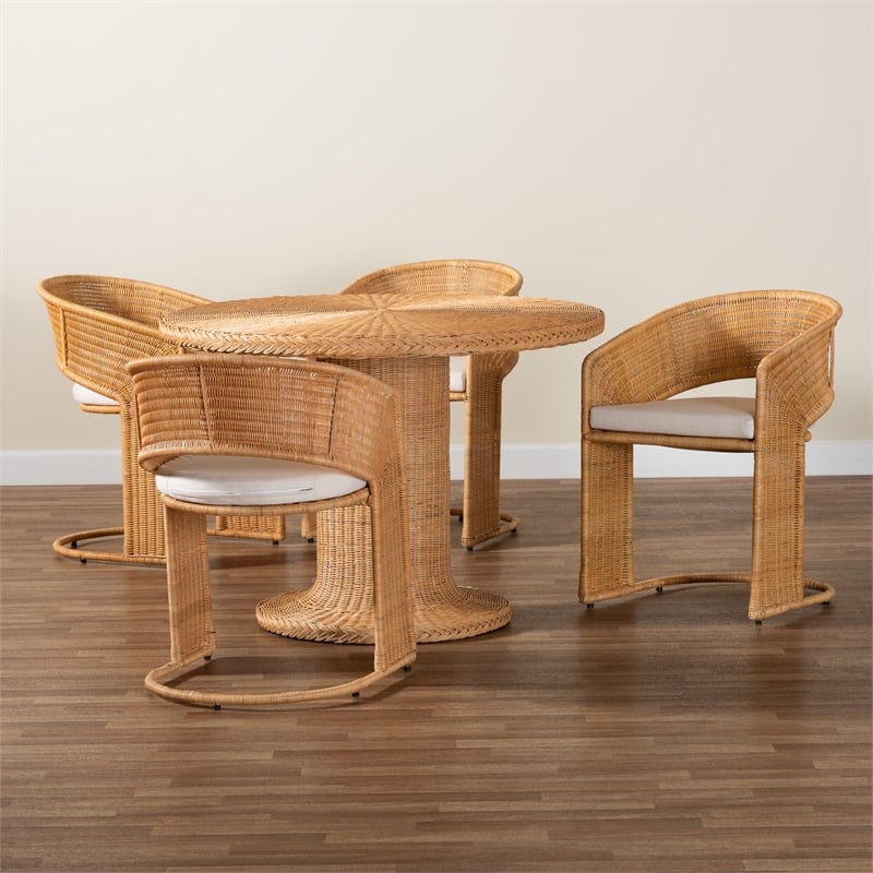 Pemberly Row Light Honey Rattan 5-Piece Dining Set with Braided Edges