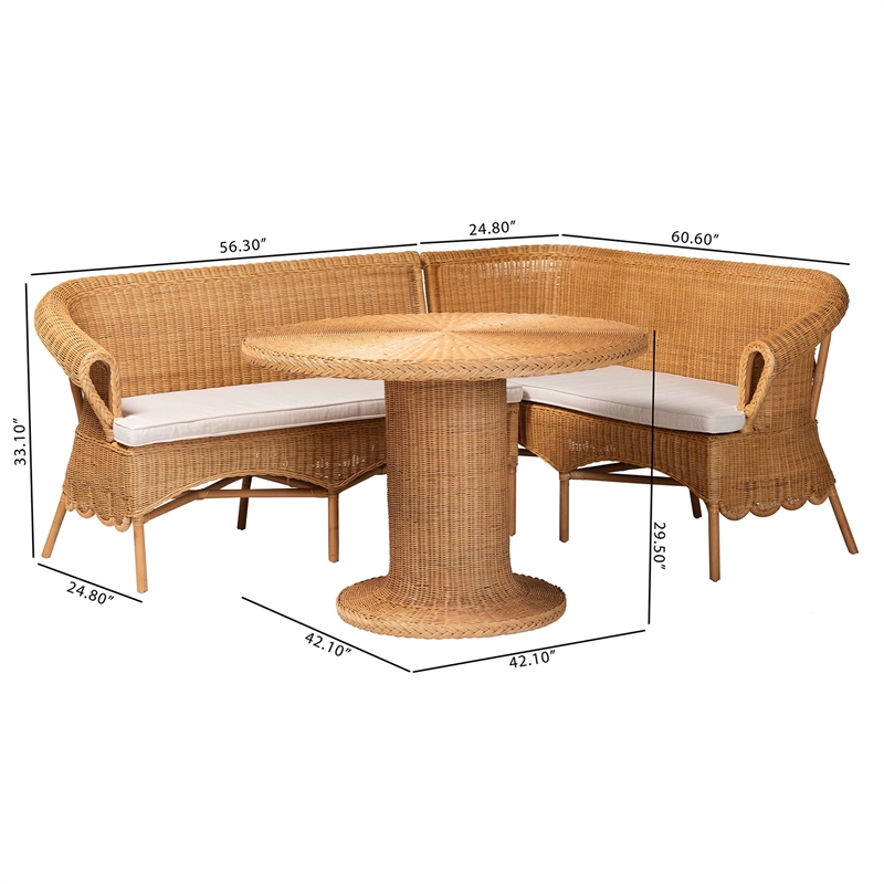 Pemberly Row Light Honey Rattan 3-Piece Dining Nook Set with Scalloped Trim