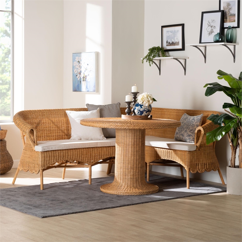 Pemberly Row Light Honey Rattan 3-Piece Dining Nook Set with Scalloped Trim