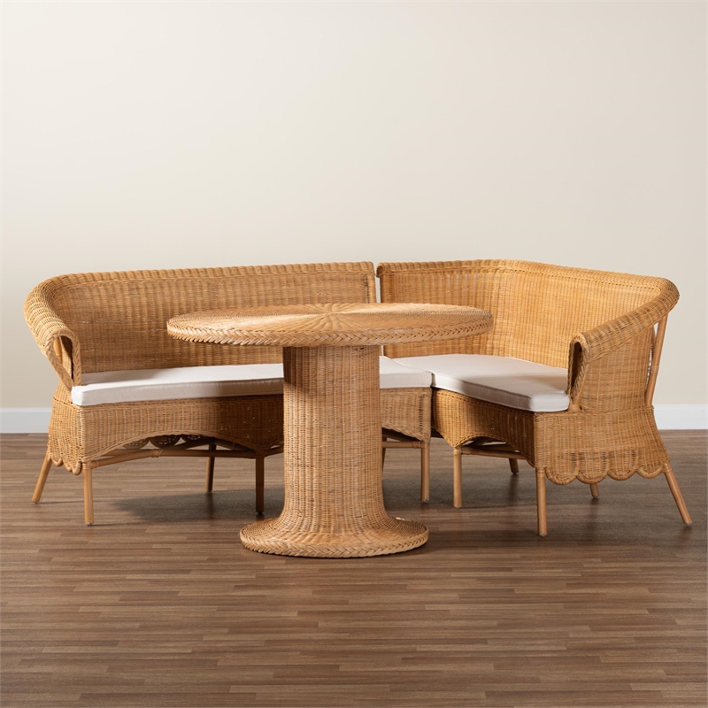 Pemberly Row Light Honey Rattan 3-Piece Dining Nook Set with Scalloped Trim