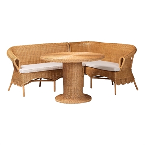 Pemberly Row Light Honey Rattan 3-Piece Dining Nook Set with Scalloped Trim