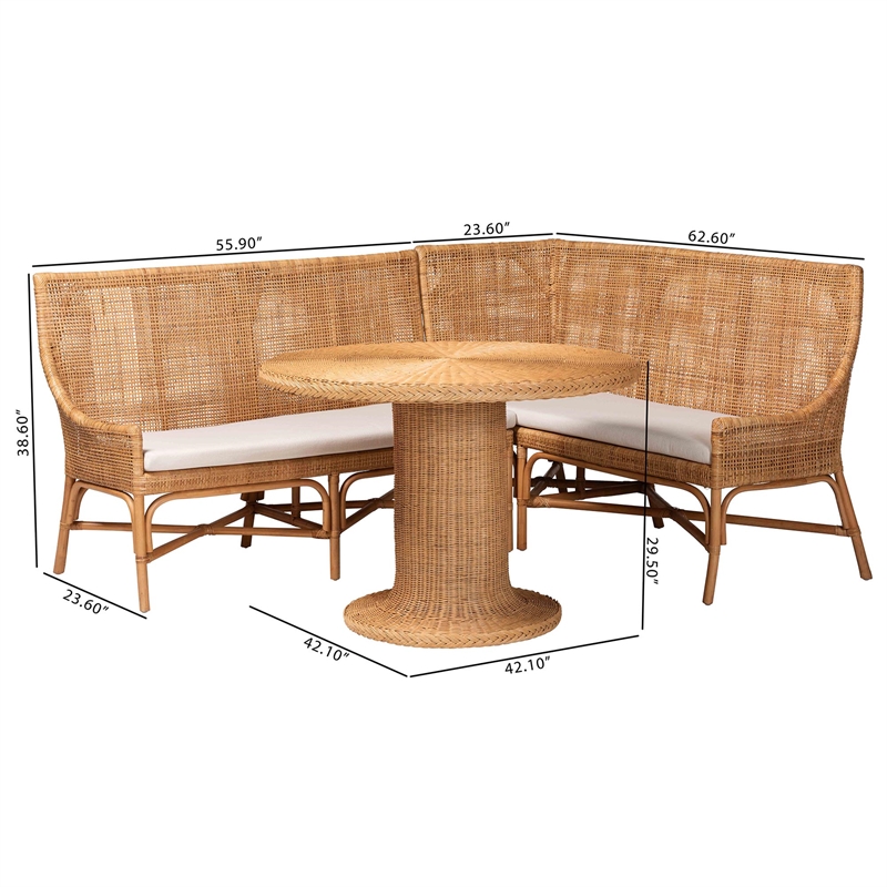 Pemberly Row Light Honey Rattan 3-Piece Dining Nook with Tall Backrests