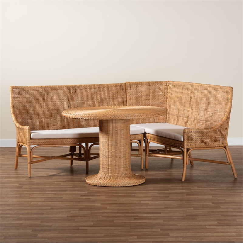 Pemberly Row Light Honey Rattan 3-Piece Dining Nook with Tall Backrests