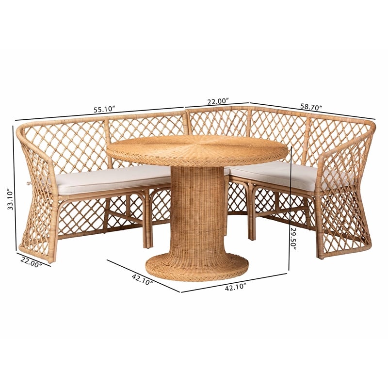 Pemberly Row Light Honey Rattan 3-Piece Dining Nook with Open Weave Design