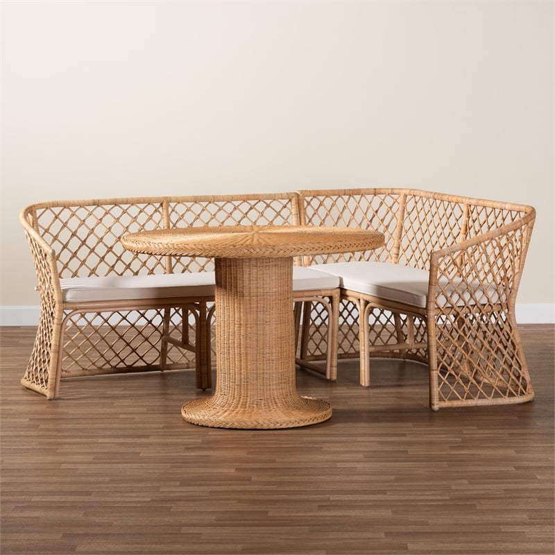 Pemberly Row Light Honey Rattan 3-Piece Dining Nook with Open Weave Design