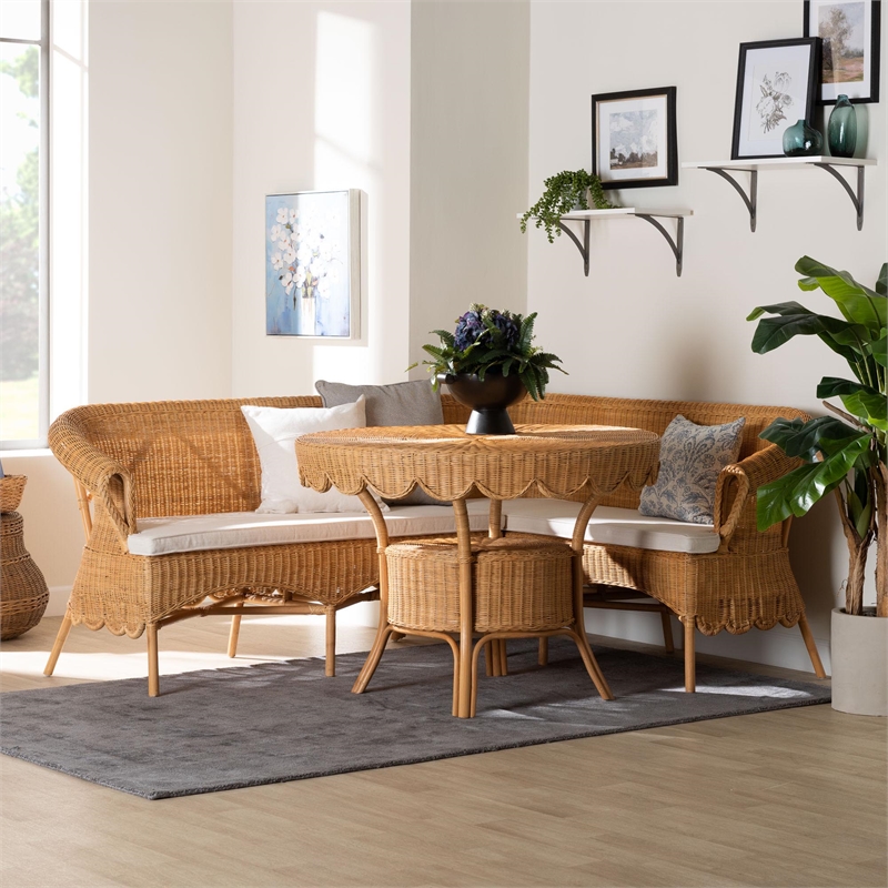 Pemberly Row Light Honey Rattan 3-Piece Dining Nook with Scalloped Edges