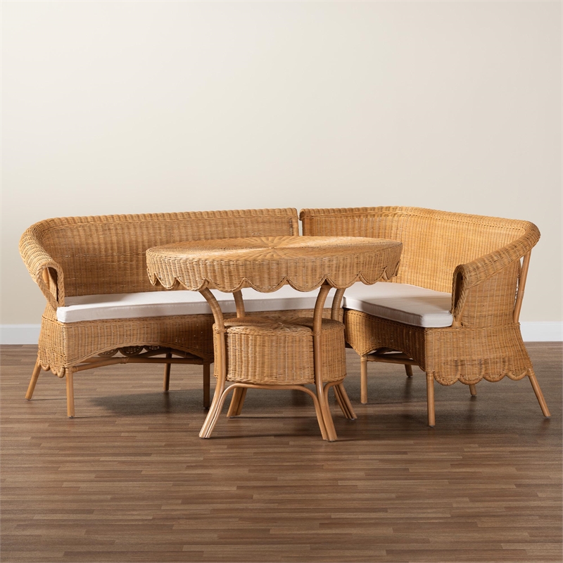 Pemberly Row Light Honey Rattan 3-Piece Dining Nook with Scalloped Edges