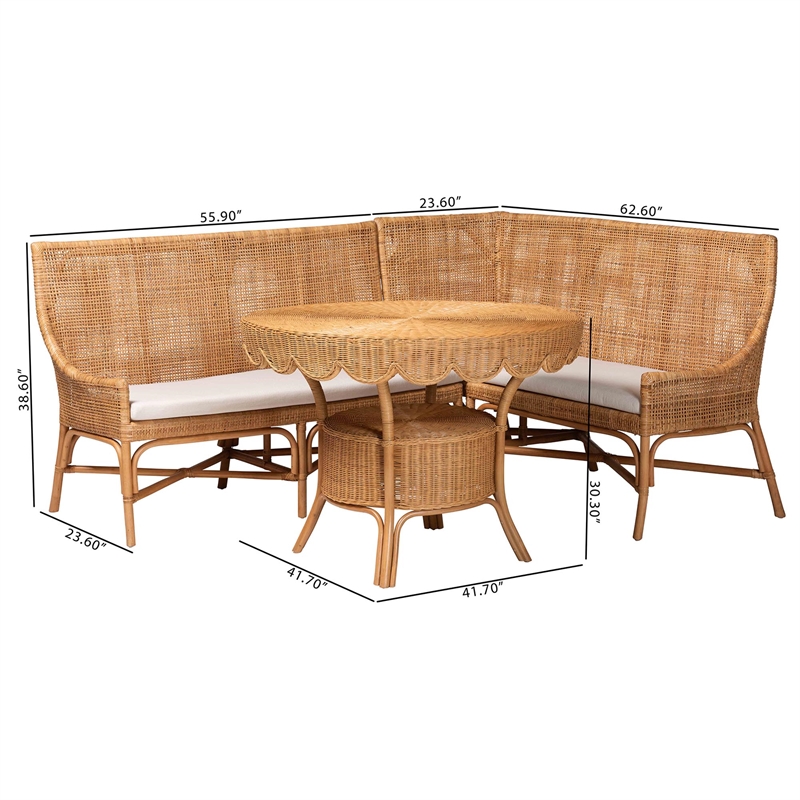 Pemberly Row Light Honey Rattan 3-Piece Dining Nook with Tall Backrests