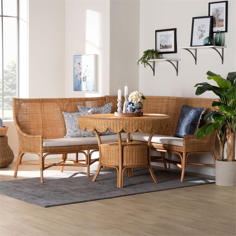 Pemberly Row Light Honey Rattan 3-Piece Dining Nook with Tall Backrests