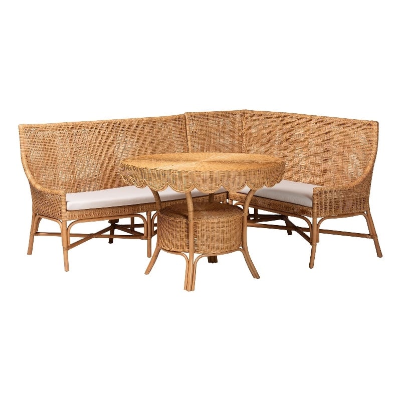 Pemberly Row Light Honey Rattan 3-Piece Dining Nook with Tall Backrests