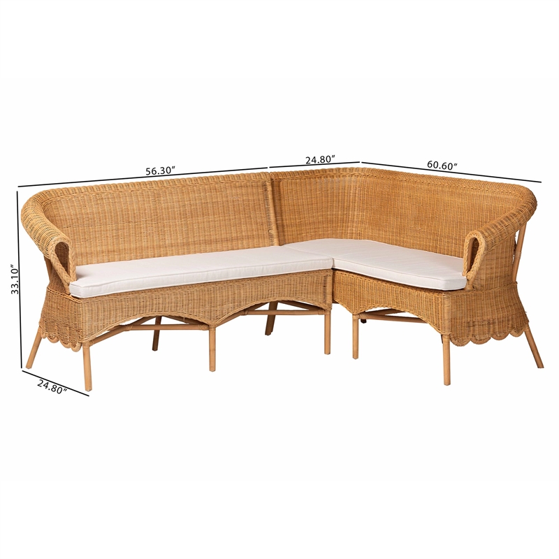 Pemberly Row Light Honey Rattan 2-Piece Scalloped Corner Bench Set