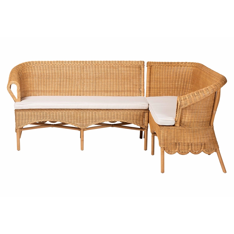 Pemberly Row Light Honey Rattan 2-Piece Scalloped Corner Bench Set