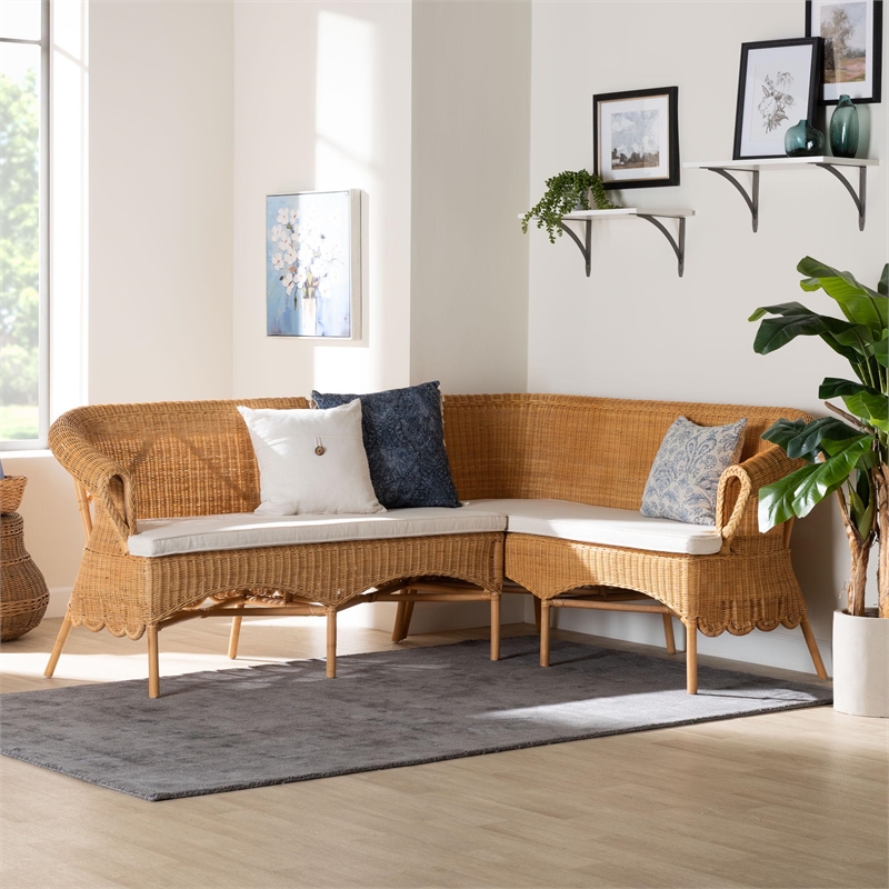 Pemberly Row Light Honey Rattan 2-Piece Scalloped Corner Bench Set