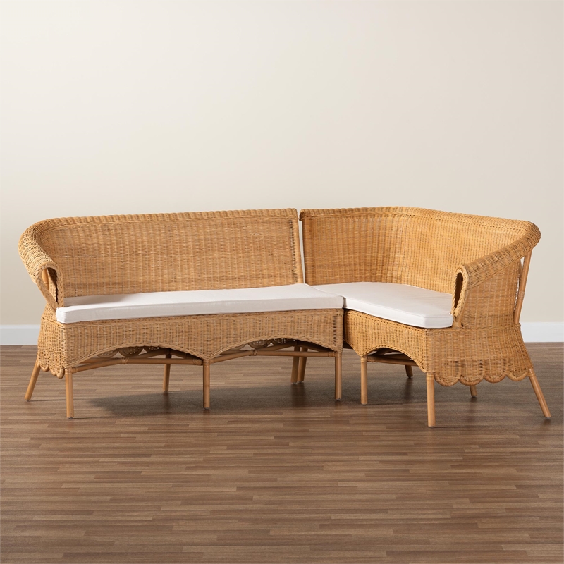 Pemberly Row Light Honey Rattan 2-Piece Scalloped Corner Bench Set