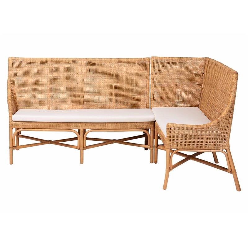 Pemberly Row Light Honey Rattan 2-Piece Corner Bench Set with Tall Backs