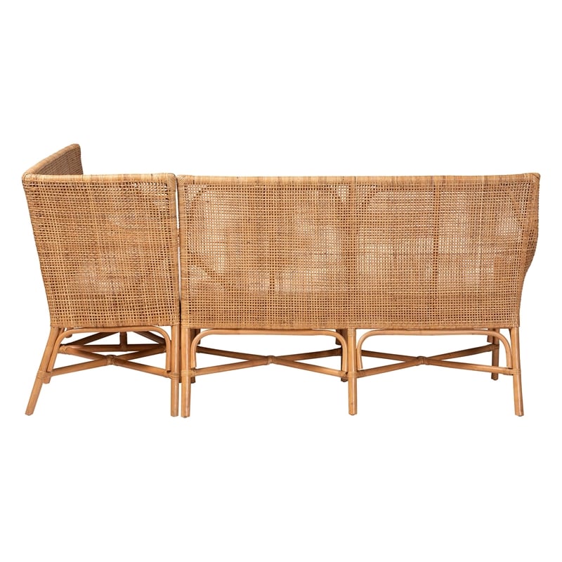 Pemberly Row Light Honey Rattan 2-Piece Corner Bench Set with Tall Backs