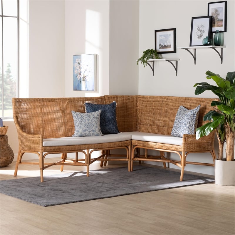 Pemberly Row Light Honey Rattan 2-Piece Corner Bench Set with Tall Backs
