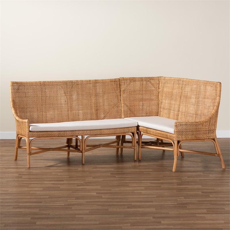 Pemberly Row Light Honey Rattan 2-Piece Corner Bench Set with Tall Backs