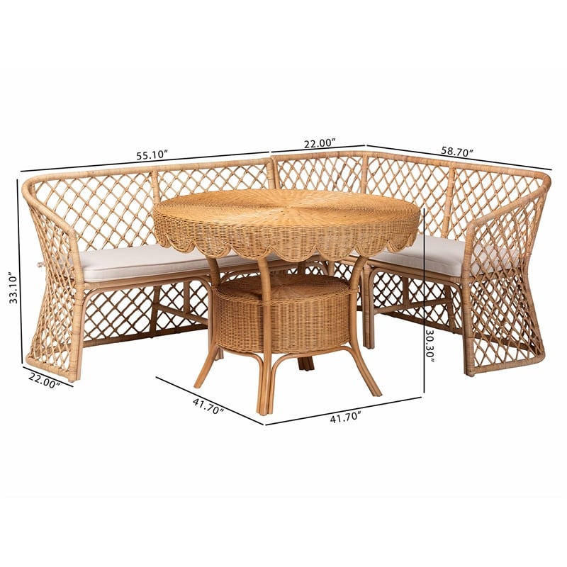 Pemberly Row Light Honey Rattan 3-Piece Dining Nook with Open Weave Benches