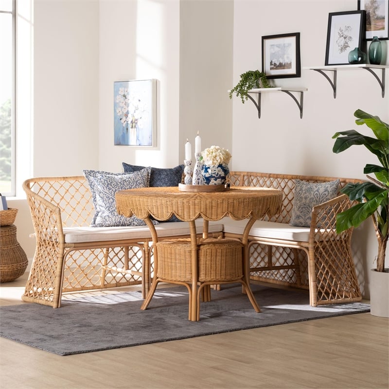 Pemberly Row Light Honey Rattan 3-Piece Dining Nook with Open Weave Benches
