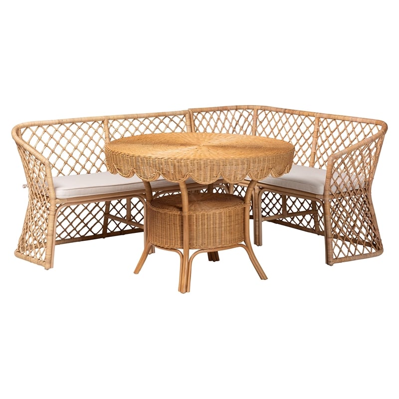 Pemberly Row Light Honey Rattan 3-Piece Dining Nook with Open Weave Benches