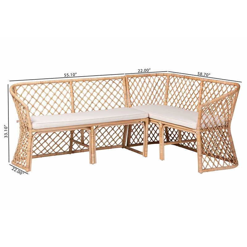 Pemberly Row Light Honey Rattan 2-Piece Open Weave Corner Bench Set