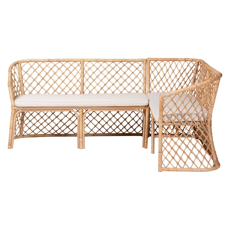 Pemberly Row Light Honey Rattan 2-Piece Open Weave Corner Bench Set