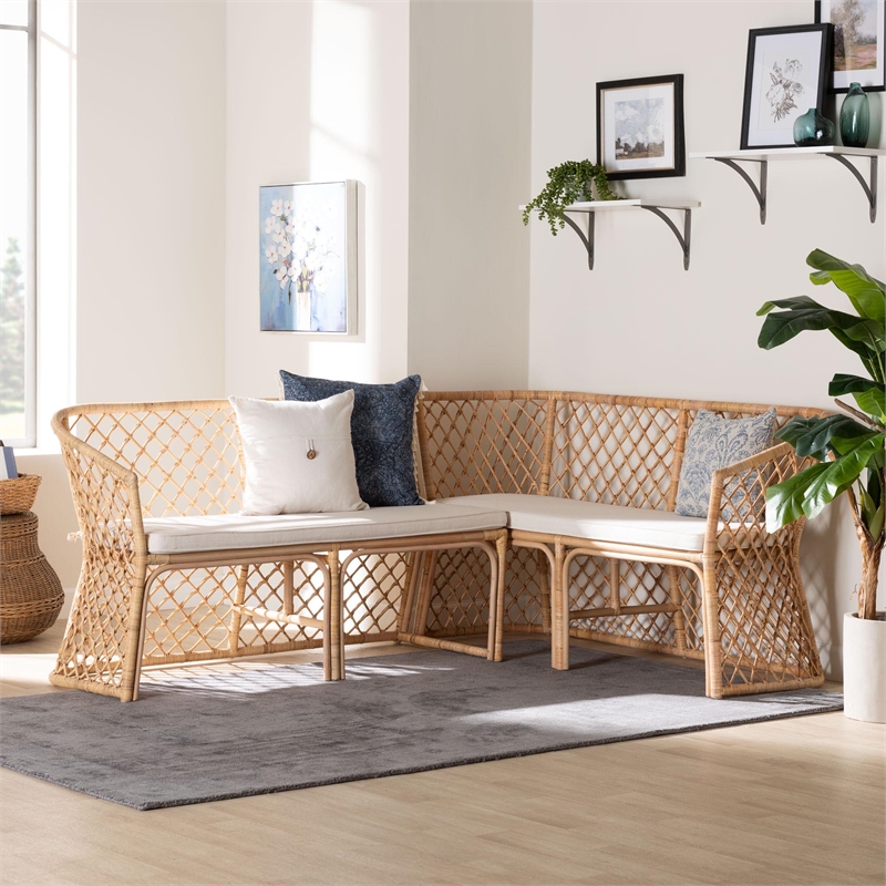 Pemberly Row Light Honey Rattan 2-Piece Open Weave Corner Bench Set