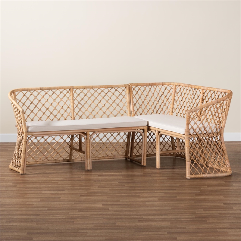 Pemberly Row Light Honey Rattan 2-Piece Open Weave Corner Bench Set