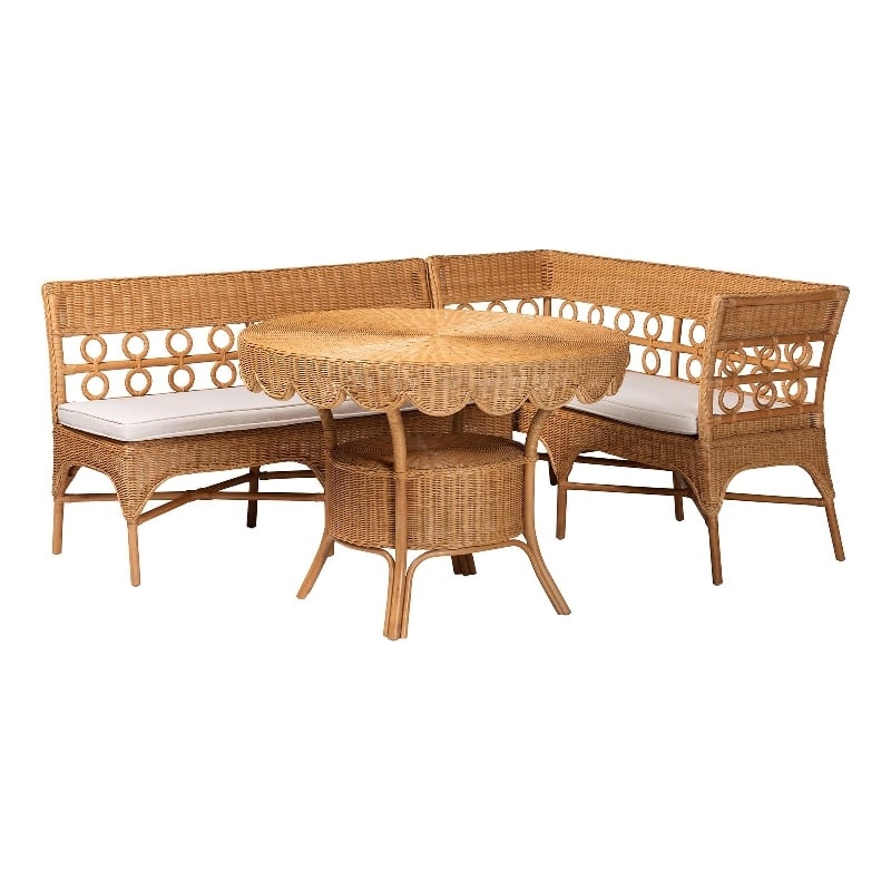 Pemberly Row Light Honey Rattan 3-Piece Dining Nook with Scalloped Table